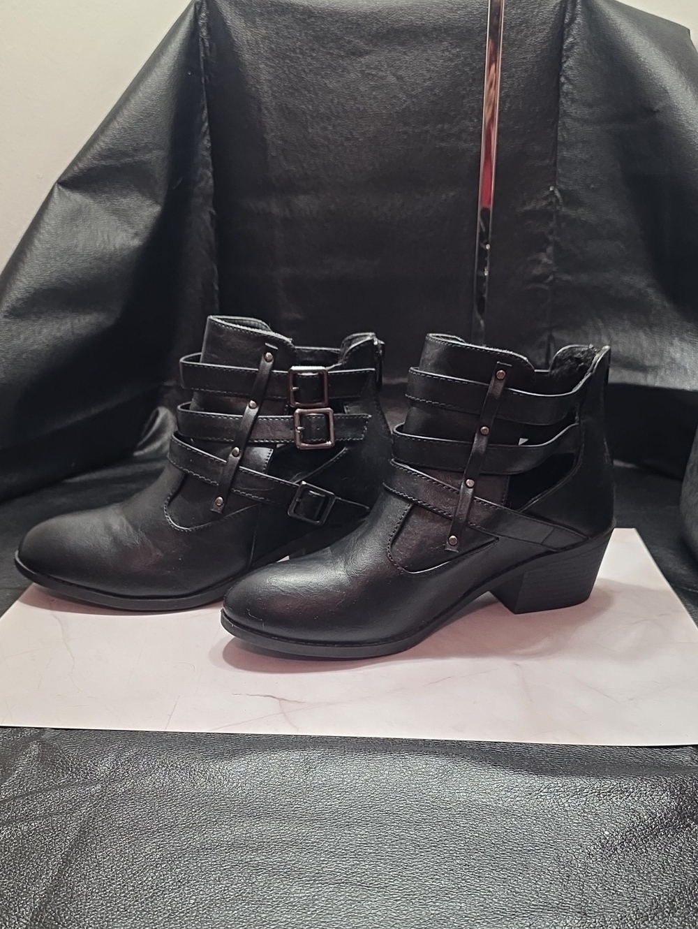 Black Strappy Buckle Ankle Boots for Women